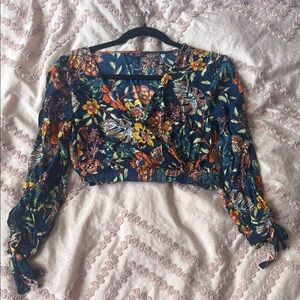 Green and Blue Ruched Crop Blouse with 3/4 Sleeves
